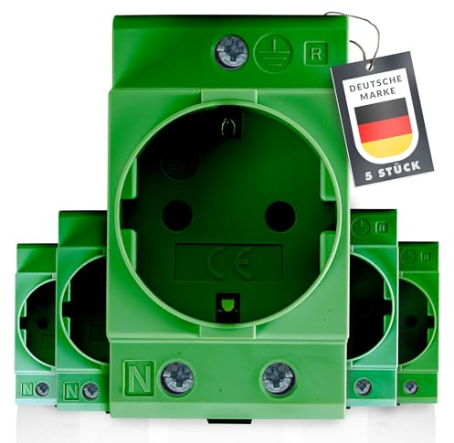 Schuko Steckdose [GS16] für Hutschiene 16A 230V 2P+E – 5er Pack Grün – Einbausteckdose für Verteilerkästen & Schaltschränke – Schutzkontaktsteckdose für DIN-Trägerschienen