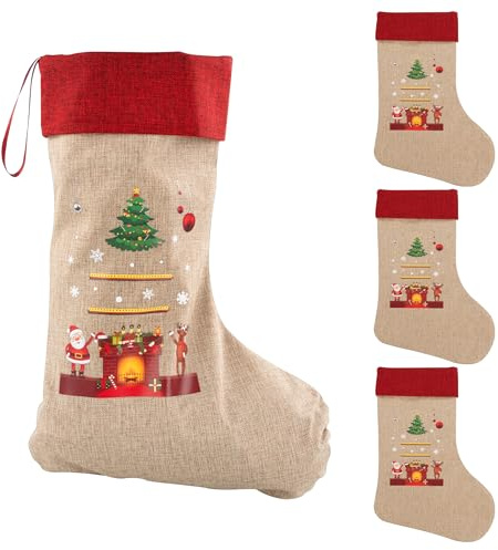 Idena 90476 - Weihnachtsstrümpfe ca. 31 x 46 cm, 4 Stück, Stoffstrümpfe in Rot und Braun mit Weihnachtsmann-Motiv und Aufschrift Frohe Weihnachten, Socke mit roter Schlaufe