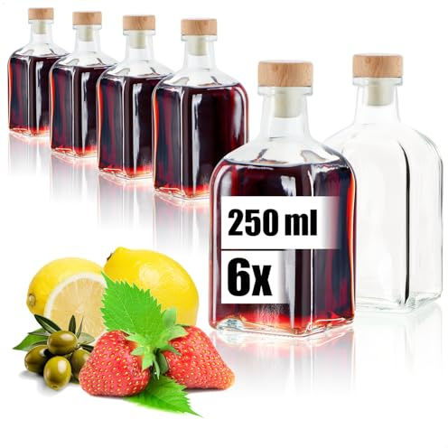 Wilhelm Sell® 6x Glasflasche 250 ml mit Korken, leere Flasche | Glasbehälter zum Befüllen mit Flüssigkeiten wie Öl - Essig und Spirituosen