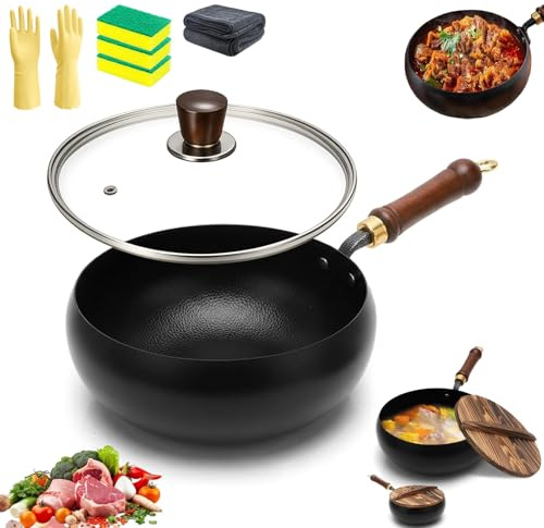 Japanese Cast Iron Wok with Lid, Hand-Hammered Uncoated Iron Pot for High Heat Cooking - Naturally Non-Stick, Chemical Free Flat Bottom Stir Fry Pan for Induction, Gas & Stoves (20 CM,Glass Lid)