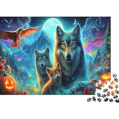 Rompecabezas de cartón reciclado Lobo Bajo la Luna, relajante y colorido, Con Lobos a la luz de la Luna, educativo, para niños, 52 x 38 cm (1000 piezas)