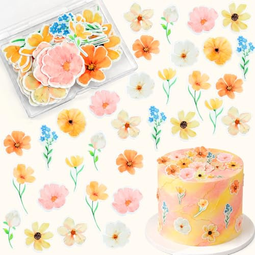 Morofme Essbare Blumen für Torte 44 Stück, Essbare Blumen Tortendeko Blütenblätter mit Zweigen, Esspapier Blumen Torten Deko Cupcake Topper für Geburtstag, Hochzeit, Garten Party Cake Decorations