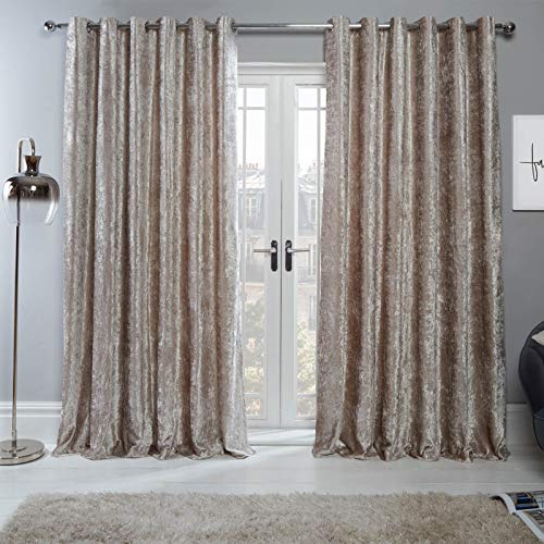 Sienna Crushed Velvet Eyelet Ring Top Pair of Fully Lined Curtains - Natural Beige 66 x 90
