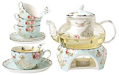YBK Tech Bone China Tea Set- Rose and Dress Pattern, 17oz Glass Teapot and 6.2oz Cups