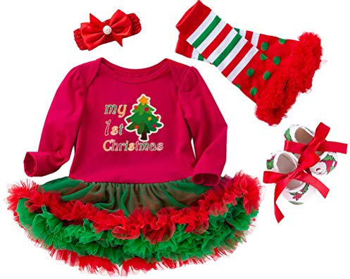 FANCYINN Neonate Albero di Natale Abito Pagliaccetto Ruffle Tutu Abiti Il Mio Primo Costume di Natale Abito Pagliaccetto con Fascia Scaldamuscoli Scarpe 4 Pezzi Set 12-24 Mesi