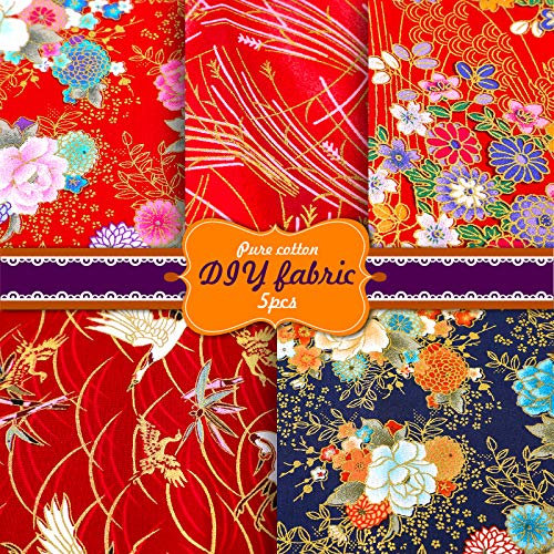Souarts Lot de 5 tissus en coton pour patchwork - Style japonais - Tissu décoratif - Pour les vêtements, le bricolage, les loisirs créatifs - Rouge - 50 x 50 cm