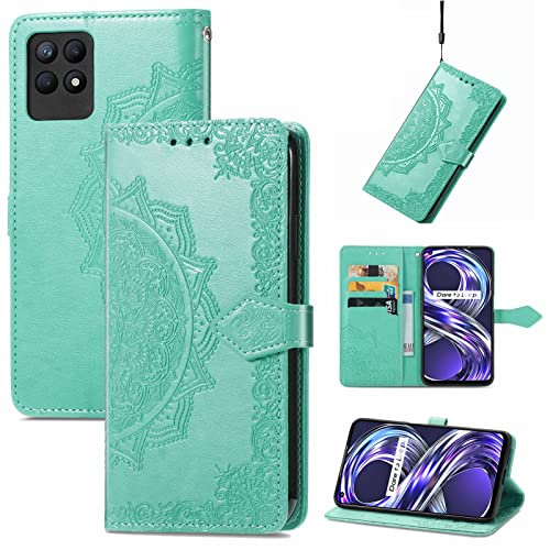 Fertuo Hülle für Realme 8i, Handyhülle Leder Flip Case Tasche mit Kartenfach, Magnet und Standfunktion [Mandala Muster] Handy Schutzhülle Ledertasche für Realme 8i, Grün
