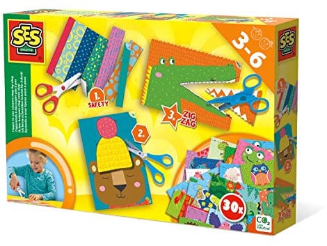 SES Creative | J’Apprends à Découper Pas à Pas | Kit Découpage Éducatif 3-6 Ans | 3 Ciseaux Sécurité + Loisirs + Zigzag | 30 Cartes à Découper | Motricité Fine | Activité Maternelle | CO₂ Neutre