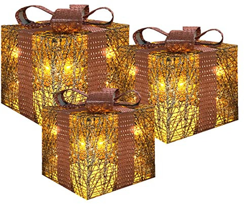 Almineez Christmas Set of 3 LED Light Up Decorative Coloured Parcel Box Set Indoor Outdoor Decoration Xmas Tree Lights Boxes 55 LEDs For Holiday Decor (Gold with Pink Bow)