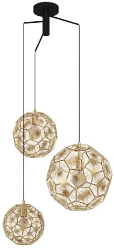 EGLO Pendelleuchte Skoura, 3-flammige Cluster Hängelampe für Wohnzimmer und Esstisch im Vintage-Design, edle Retro Esszimmerlampe aus Metall in Messing, E27 Fassung