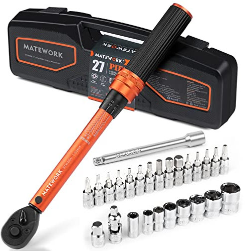 Matework 1/4-Zoll-Antrieb, Klick-Drehmomentschlüssel, 27-teiliges Fahrrad-Drehmomentschlüssel-Set, doppelte Skala (1–25 Nm), Verlängerungsstange, Für Fahrrad-Netzteil Tenance
