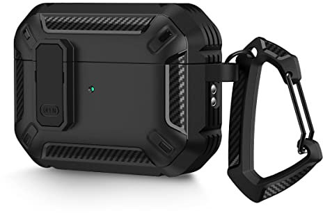 AirPods Pro 2. Generation Case Cover 2022 mit Verschlussdeckel und Schlüsselbundhaken, doppelschichtige, staubdichte, stoßfeste, robuste Hülle(Schwarz)
