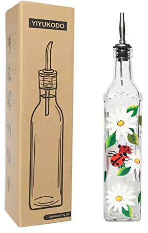 YIYUKODO - Hand Painted Glass Olive Oil Bottle, 500ml, Green Oil and Vinegar with Pourers, Olive Oil Jug for Kitchen (Daisy)