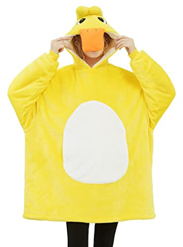 Kidukso Erwachsene Gelbe Ente Kostüm Unisex Tier Kapuzenpulli Pyjamas Gemütlicher Flanell Sherpa Pullover Frauen Männer Weihnachten Halloween Cosplay Kostüm Eine Größe passt Allen