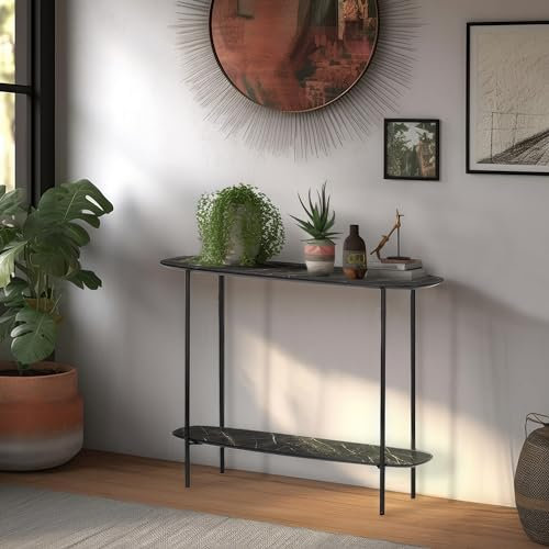 Wohnando Konsolentisch, Beistelltisch, Oberfläche aus Dekorholz, 100 x 30 x 75 cm Ares, moderner Sofatisch, einfacher Aufbau, Dunkles Mamordekor, schwarz, Wohnzimmer, Flur