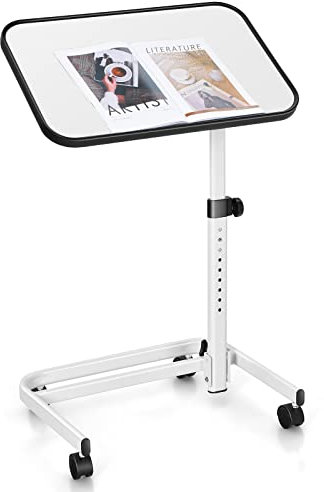 LIFEZEAL Beistelltisch mit Rollen, Betttisch Höhenverstellbar, Pflegetisch 180° Drehbar, Laptoptisch Stehend in C-Form, Krankentisch für Schlafzimmer Wohnzimmer, 61 x 43,5 x 73-93 cm (Weiß)