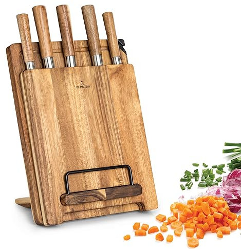 Klarstein Juego de Cuchillos Cocina y Bloque Cuchillo, 5 Set Cuchillos Cocina Profesional y Tabla de Cortar Acacia con Afilador, Juego de Cuchillos Chef Acero Inoxidable Profesionales, Anti Arañazos