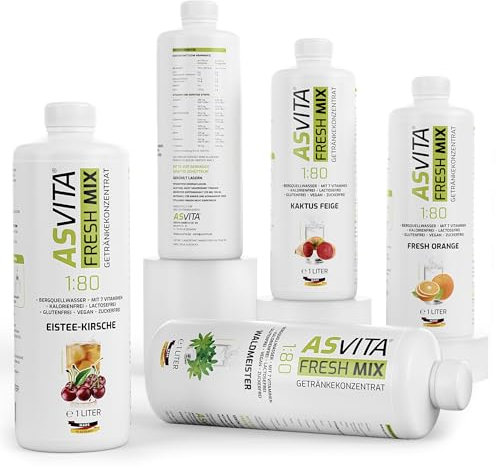 AsVita Concentrato per bevande Fresh Mix 1:80 – 1 litro – Sciroppo per bevande senza zucchero – 26 deliziosi sapori Zero sciroppo (tè al limone) senza zucchero