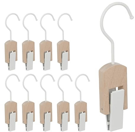 Relaxdays Set da 10 Appendi Stivali, Gruccia in Legno con Clip e Gancio in Ferro, Mollette Gommate, Bianco e Legno