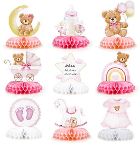 9pz Centrotavola Battesimo Bimba, Decorazione Orsetto Rosa Battesimo Bambina Allestimento, Gender Reveal Party Decorations, Addobbi Tavola 3D Orso per Nascita Compleanno Bimba