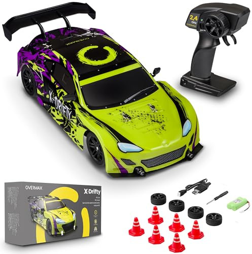 Overmax X-Drifty Auto radiocomandata, macchina RC per bambini 3+, auto da drifting 1:16, 20 km/h, portata fino a 80 m, trazione 4WD, 2 batterie da 500 mAh set di ruote, set di ostacoli, adesivi