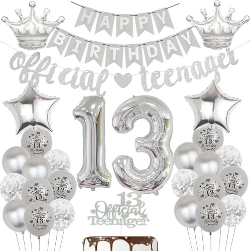 Ohaoduo Silber Luftballon 13. Geburtstag Deko, Offizielle Teenager 13. Geburtstag Dekorationen Mädchen Jungen, Geburtstagsdeko 13 Jahr Silber, 13 Jahr Luftballons 13. Tortendeko