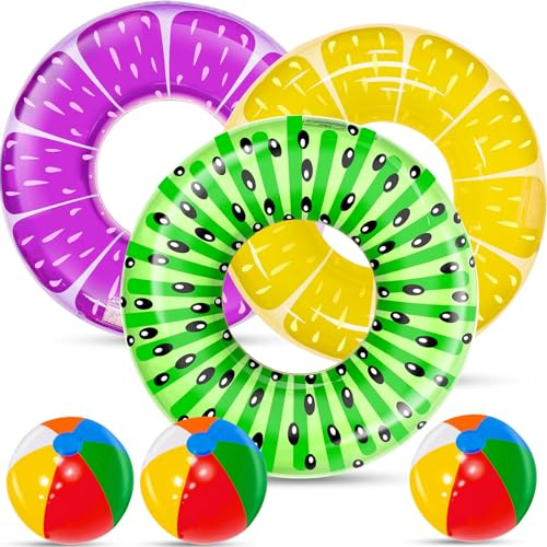 6 Pack Inflatable Pool Floats, 3 Pcs Inflatable Fruits Swim Tubes Rings & 3 Pcs Rainbow Beach Ball, Summer Pool Floaties for Kids Teens Adults Swimming Float Toy Hawaiian Party Beach Water Fun Game