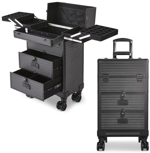 BTGGG Upgrade Makeup Trolley Professional Beauty Trolley on Wheels with Extendable Trays & Drawers, Lockable Cosmetic Vanity Case Hairdressing Trolley, Black Nails Case Gift for Valentine's Day