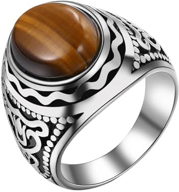 OIDEA Herren Ring Siegelring Tigerauge: Vintage Bandring aus Edelstahl Silber mit Braun Kunststein klassisch geschnitzt Blumen Muster Retro Herrenring Schmuck Geschenk für Männer Größe 64