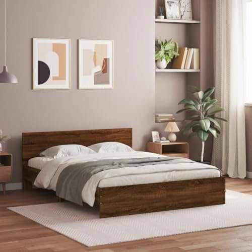vidaXL Brown Oak Bed Frame with Headboard - Engineered Wood Double Bedstead for Bedroom, Modern Design, Plywood Slats, 140x190 cm Base