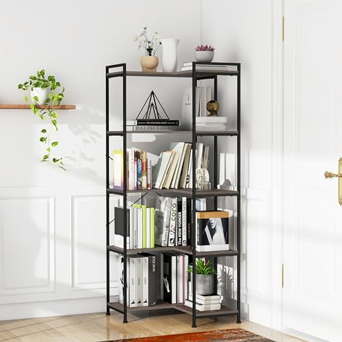 VEDECASA 5-Regal-Eck-Bücherregal Großes 5-stöckiges Hohes Eckregal Bodenstehend Modernes Eck-Bücherregal Bücherschrank mit Metallrahmen Offene Ablagen für Wohnzimmer Schlafzimmer Büro Vintage-Grau