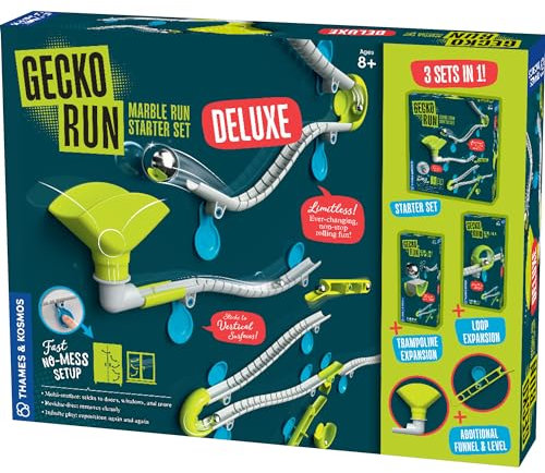 Gecko Run Kugelbahn Deluxe-Starter-Set von Thames & Kosmos - Vertikale Kugelbahn mit flexiblen Schienen, Loop- & Trampolin-Tricks, schnelle, saubere Einrichtung, rückstandsfreie Nano-Klebepads für