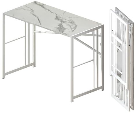 Lutown-Teen 103 cm Scrivania Pieghevole Per Computer, Scrivania Da Campeggio Per Computer Da Gioco, Tavolo Per Ufficio Domestico Senza Necessità Di Montaggio, Marmo Bianco