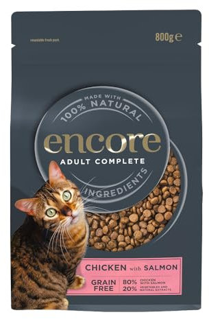 Encore komplettes natürliches getreidefreies Hühnchen mit Lachsgeschmack Trockenfutter für erwachsene Katzen - Packung mit 3 x 800g Beuteln