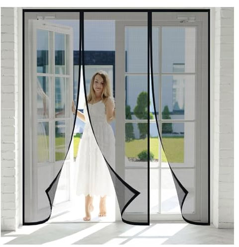 Mosquito Door Screen, 200x280cm Net with Magnets Hands Free Reinforced Mesh Curtain with Full Frame Magic Tape,Black