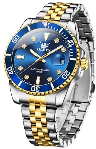 OLEVS Herren Uhren Gold Silber Edelstahlband Luxus Analoger Quarz Armbanduhr Blau Großes Gesicht Business Uhr Herren mit Datum Leuchtend Wasserdicht Stilvolle Diamant Watch for Men