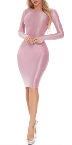 Maeau Robe Femme Brillante Bodycon Sexy Glossy Crayon Manches Longues Moulante Extensible Wrap Huileuse Mi-Longue de Fête Clubwear M XL