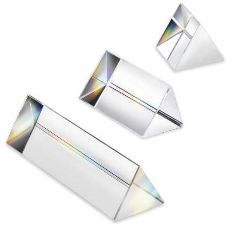 HDCRYSTALGIFTS 3 Stück gleichseitige Kristall-Prismen-Set, 2,5 cm, 5,1 cm und 10,2 cm Länge, dreieckiges Kristallprisma, optische Prismen, Glasphysik, Unterricht, gebrochenes Lichtspektrum,