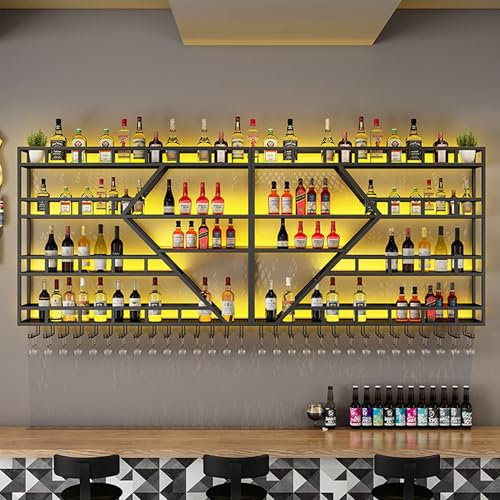 Wine Rack Wall Mounted Bar Shelves with Hanging Wine Glass Rack Liquor Bottle Display Shelf with LED Light Floating Bar for Wine Bottles Whiskey Shelf Alcohol Cabinet for Home Bar Cafe Dining Room(Bla