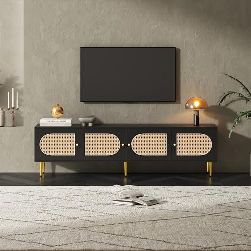 Mobile TV in rattan 180x40x50 cm - 4 ante in rattan, ripiani regolabili e gestione dei cavi per televisori fino a 80 pollici, mobile TV, credenze basse (nero)