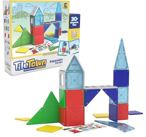 Tile Town Expansion Pack Magnetic Tiles Building Construction Playset, Kids 3-5+, 32 Pieces + Sticker Sheet, STEM Creative Toy, Great Gift for Boys & Girls