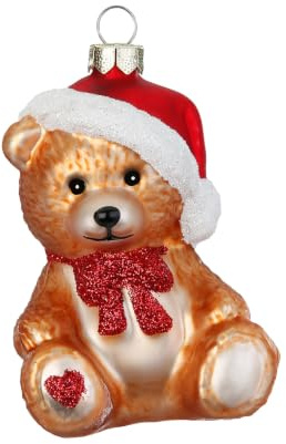 Holly & Jolly - Weihnachtskugel Teddybär, ca. 7 cm | Christbaumkugel aus Glas, handbemalt, Weihnachtsbaumschmuck in Braun und Rot, beglittert, Weihnachtsdeko für Innen
