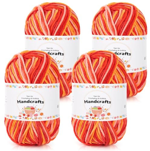 Aeelike 200g(4x50g) Farbverlauf Wolle zum Stricken, 5Ply Acrylic Baumwolle zum Häkeln, Cotton Yarn Wolle Bunt Set für Anfänger, Erfahrene Stricker, Buntes Orange Rot
