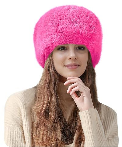 Lina & Lily Mütze Damen Winter aus Kunstfell (Heißes Rosa)