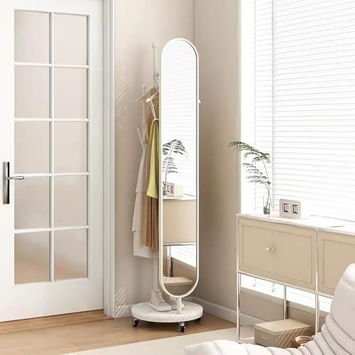 TAUIANE Miroir sur Pied, Grand Miroir sur Pied, avec Porte Manteau, Miroir sur Pied Rotatif à 360°, pour Salon, Vestiaire, Chambre,Cream White
