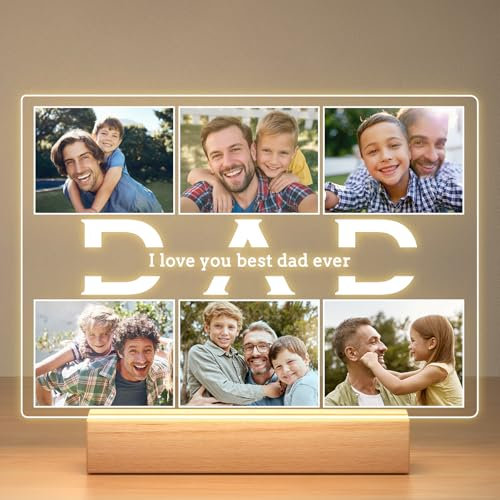Personalised Christmas Birthday Gifts for Dad from Daughter Son, Customised Photo Frame with Photos, Custom Picture Frame with Night Light, Personalised Dad Photo Gifts for Baby Kid Family