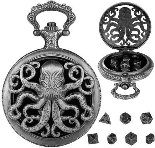 Hshenjhu Mini DND Würfel Set, 7 Teiliges Polyedrisches Metall D&D Würfel Set, Metall DND Würfel mit Hohlem SteampunkTaschenuhr Gehäuse, Rollenspiele-Brettspielzubehör Würfel, Pistole Schwarz