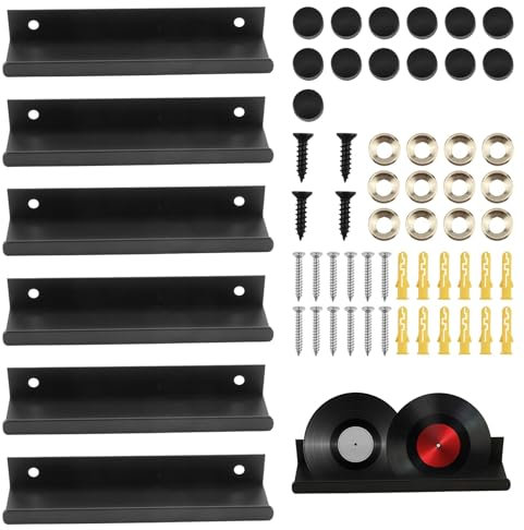 Yuio Vinyl Wall Mount 6Pack, 4.72 Inch Floating Shelves for Vinyl Record, Metal Wall Mount Stand, Holder Record Display, Wall Mounted Display Shelf for CD Display in Office Home Bedroom(Black)