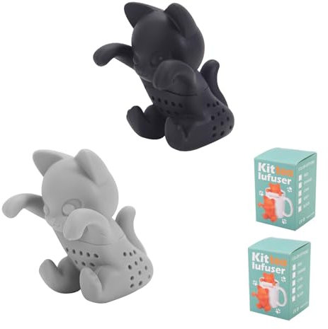 HASLED 2er-Set Katzen Teesieb aus Silikon - 3D Teefilter für Loseblätter (Schwarz & Grau) - Abnehmbarer Tee-Ei für Tasse & Kanne - Hitzebeständig bis 230°C - Lustiges Teezubehör & Geschenk