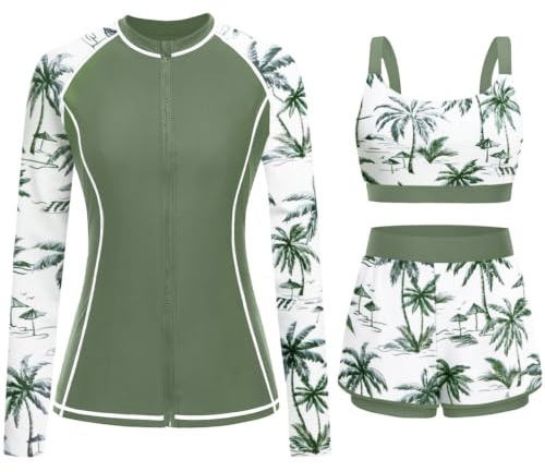 3 Piece Rash Guard for Women - Long Sleeve Swimsuits with Shorts SPF Zip up Swim Shirt with Built in Bra